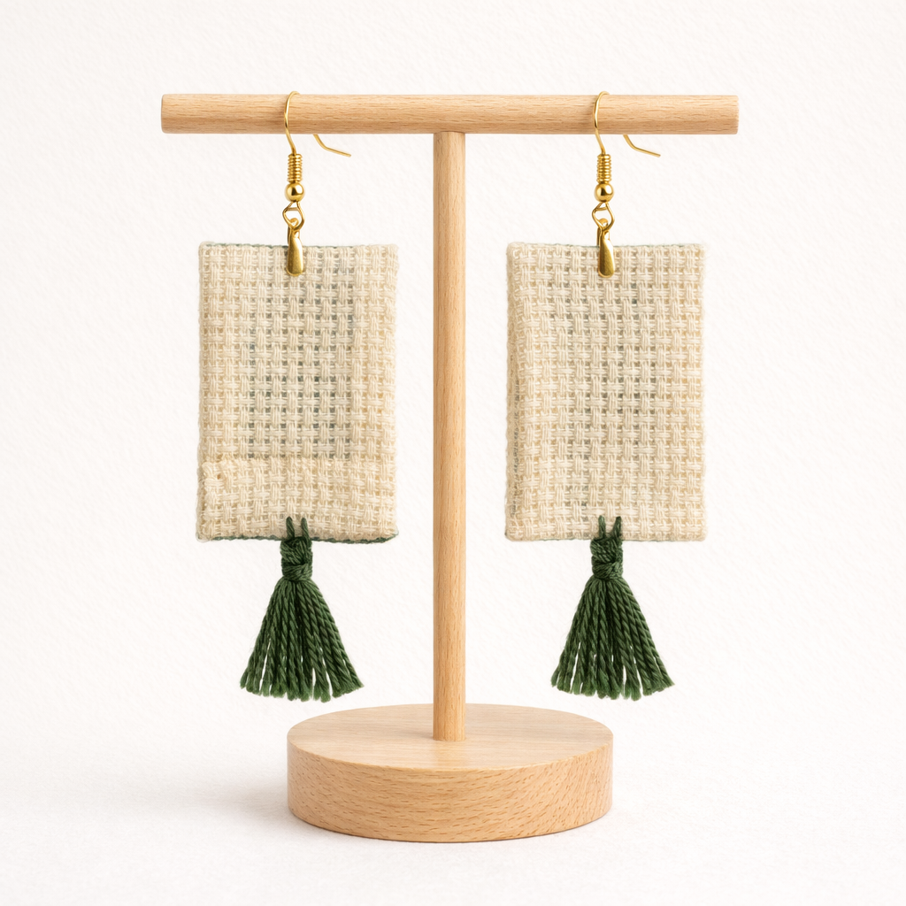 Back view of Al Saat Palestinian Tatreez embroidered earrings on wooden stand