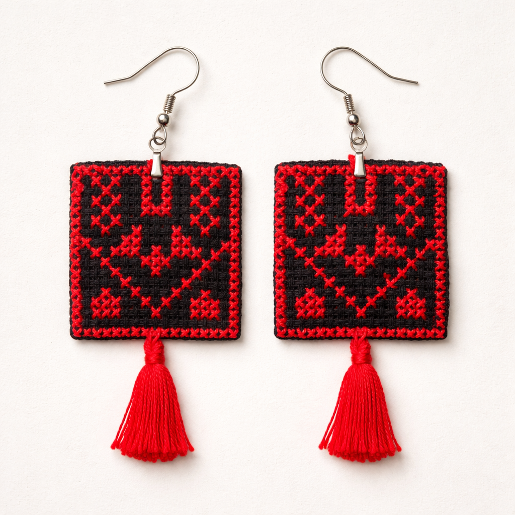 Front view of Jaffa chest panel tatreez earrings on white background showing traditional Palestinian geometric embroidery pattern