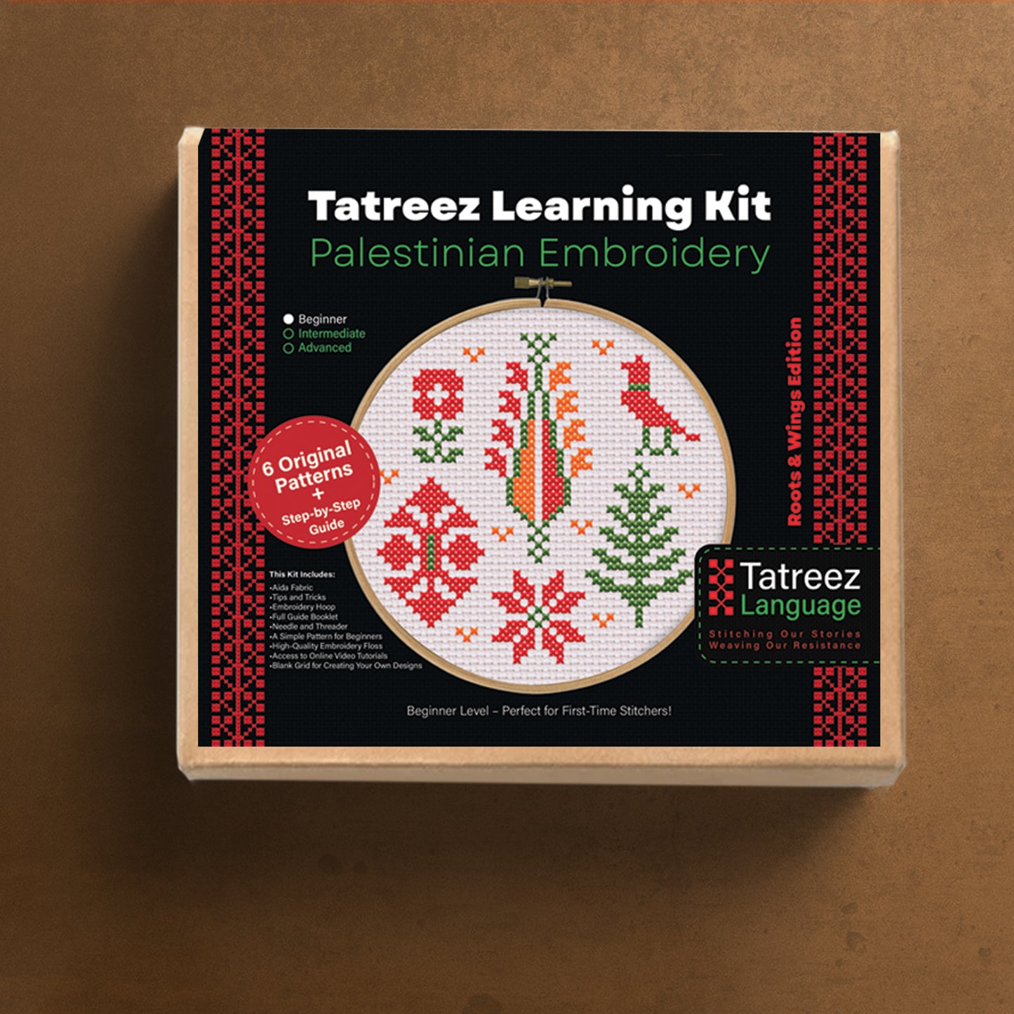 Top view of the Tatreez Learning Kit box showcasing the elegant design and branding on the cover.