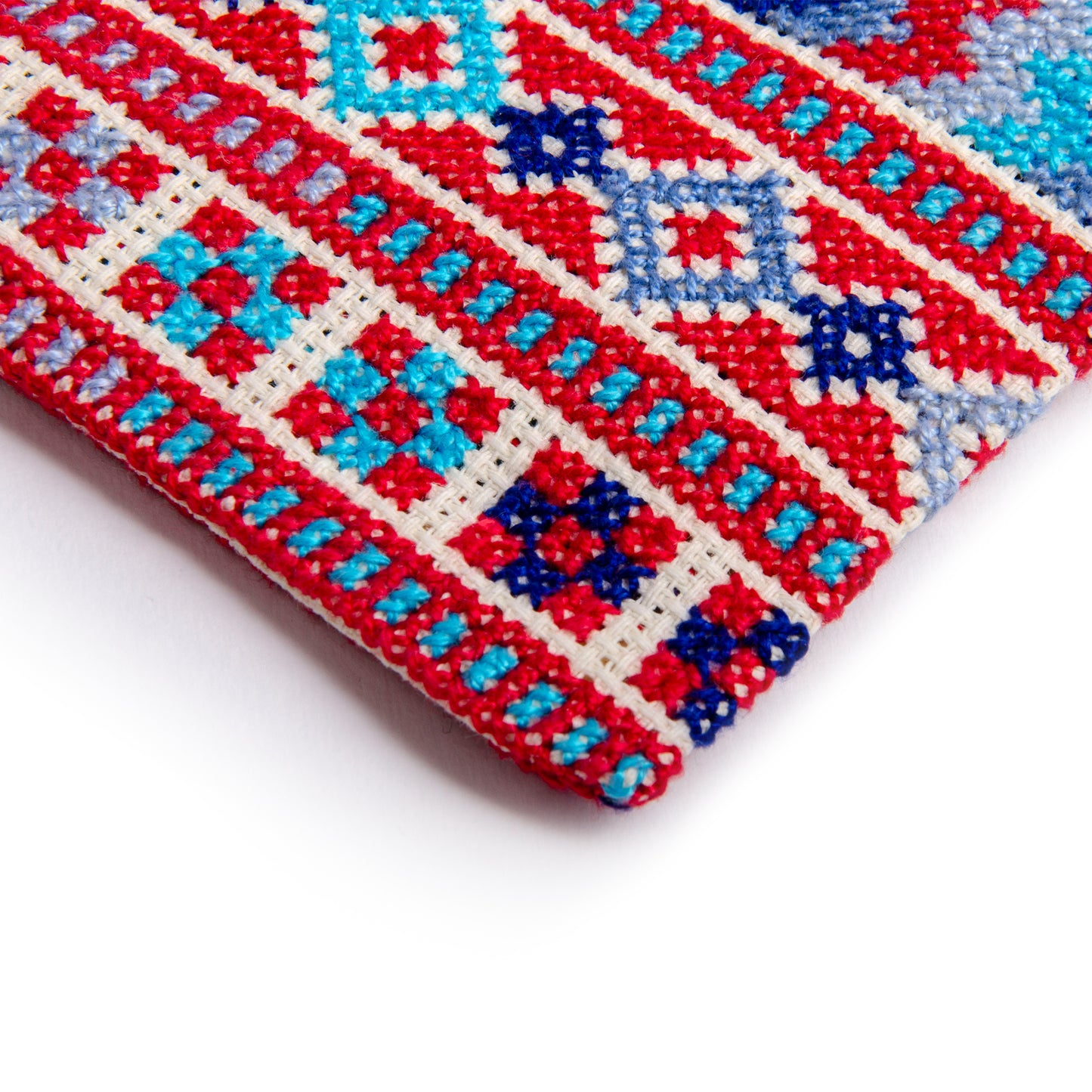 Handmade Palestinian embroidered purse with traditional Tatreez geometric patterns, size 12x11 cm.