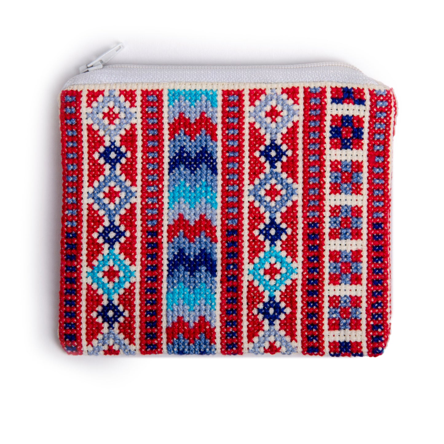 Front view of handmade Palestinian embroidered purse with geometric Tatreez pattern, size 12x11 cm.