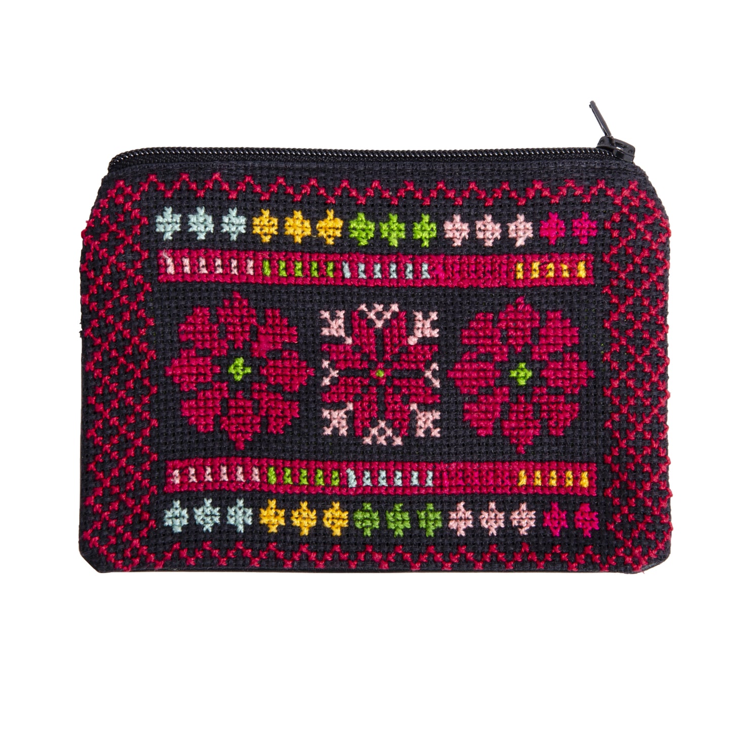 Front view of handmade Palestinian embroidered purse featuring floral Tatreez design, size 15x10 cm.
