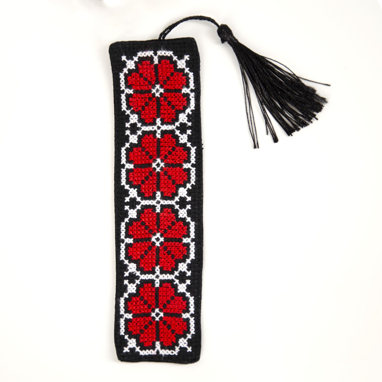 Palestinian tatreez bookmark featuring Damascus Roses pattern with tassel