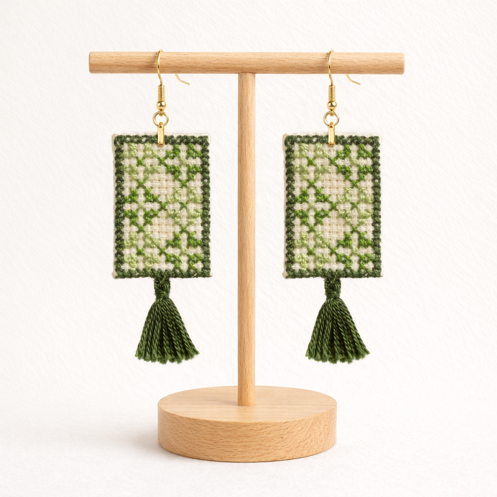 Front view of Al Saat Palestinian Tatreez embroidered earrings on wooden stand