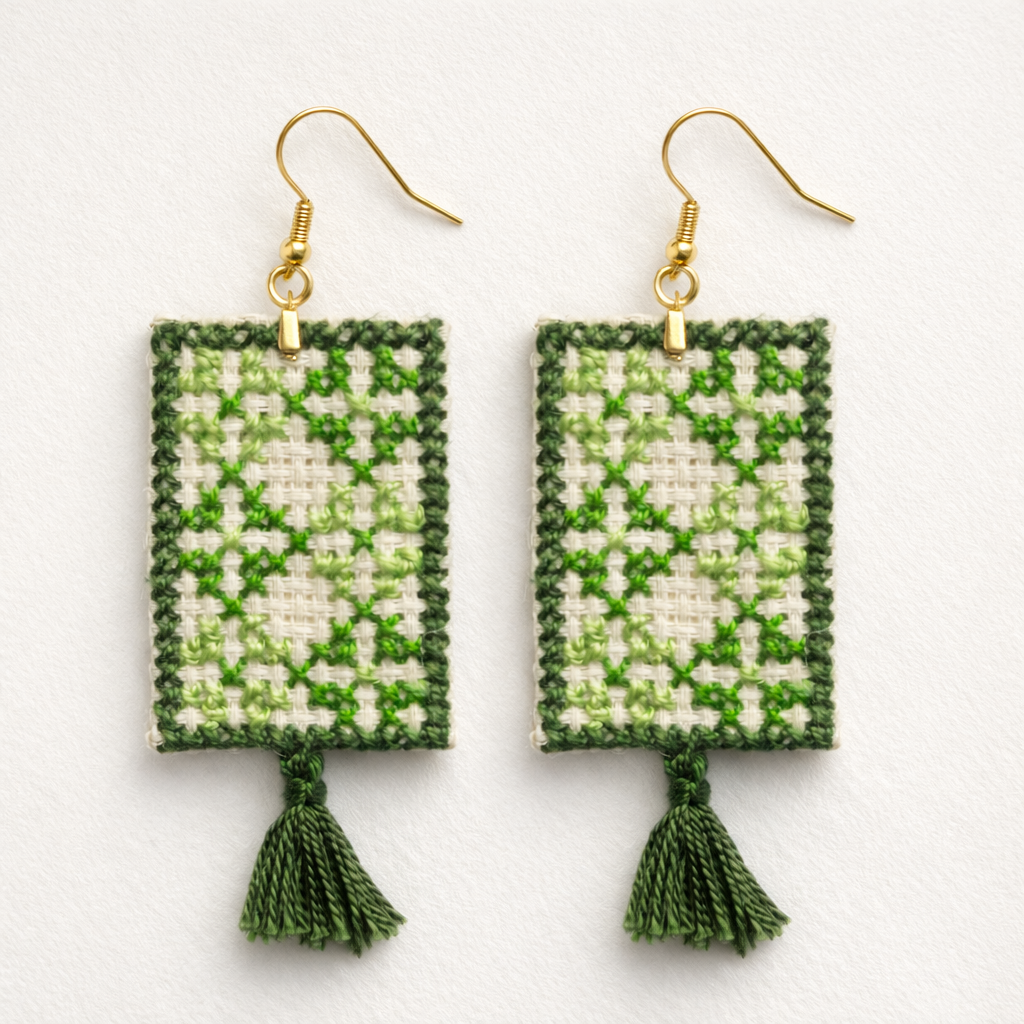 Pair of Al Saat Palestinian Tatreez embroidered earrings flat lay view
