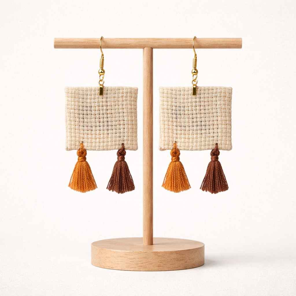 Coffee Beans Palestinian Tatreez embroidered earrings back view on wooden stand