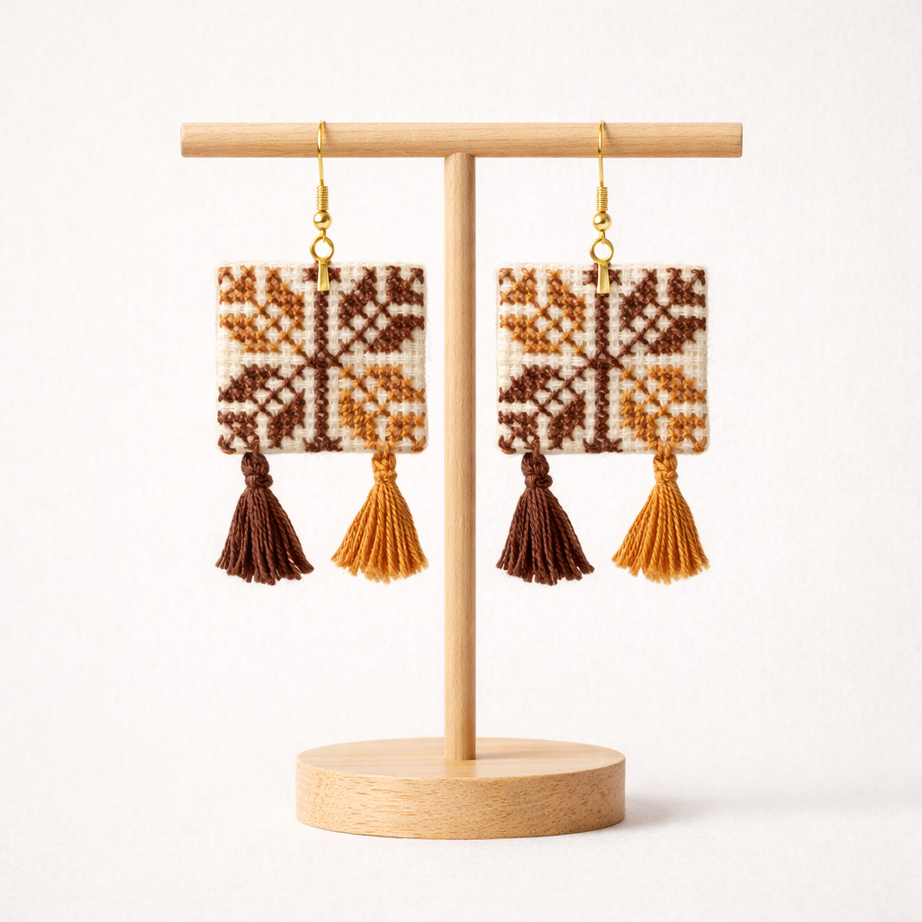 Coffee Beans Palestinian Tatreez embroidered earrings displayed on wooden stand front view