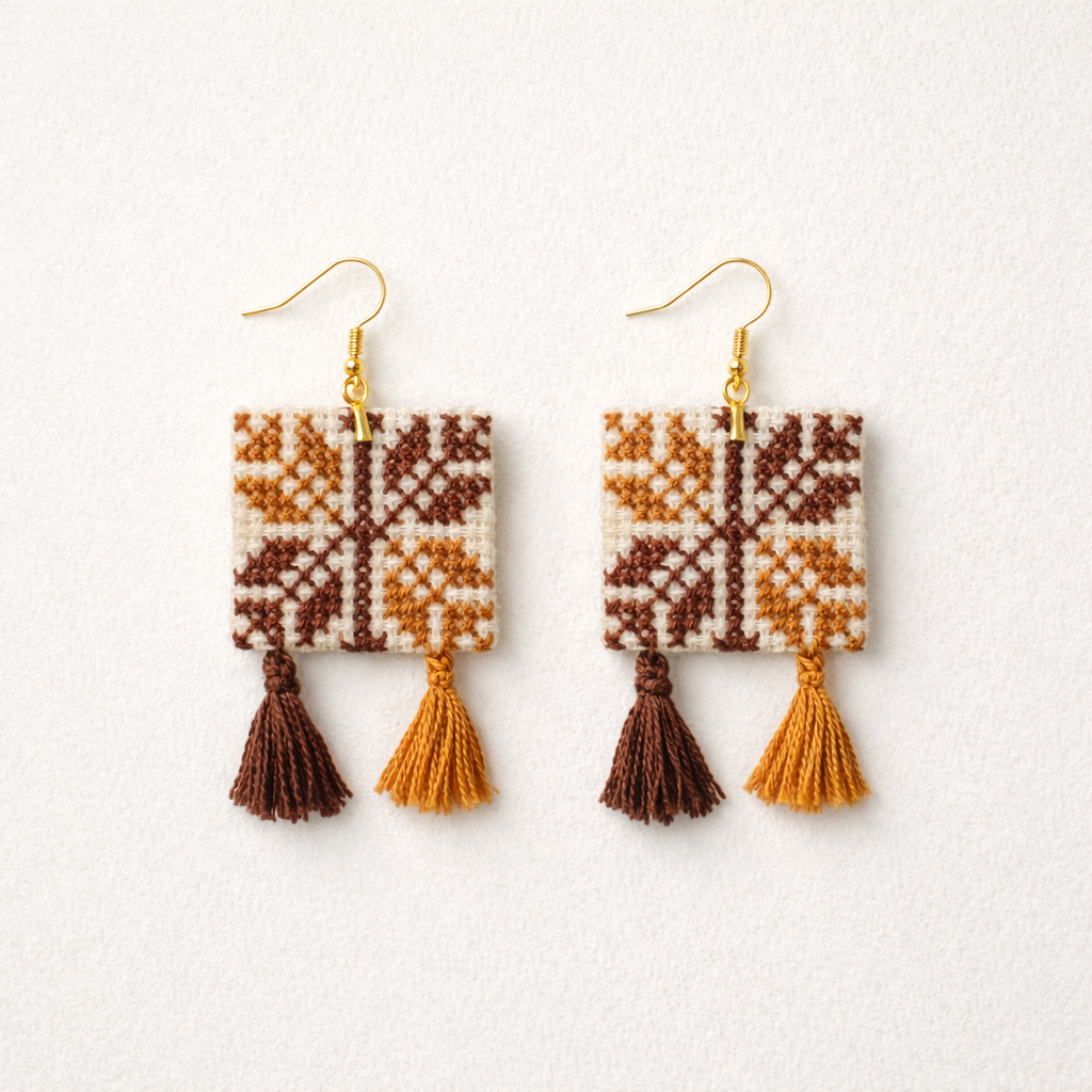 Pair of Coffee Beans Palestinian Tatreez embroidered earrings flat lay