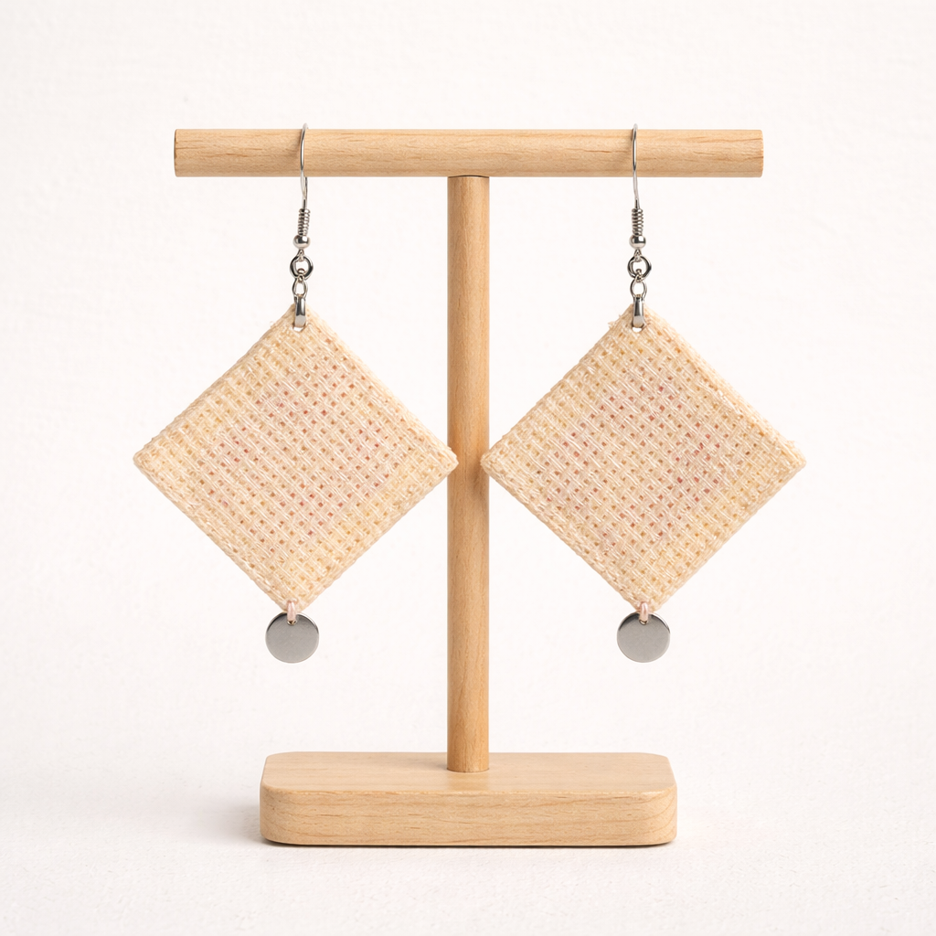 Back view of Damascus Rose Palestinian Tatreez embroidered earrings on wooden stand
