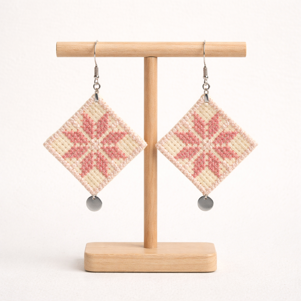 Front view of Damascus Rose Palestinian Tatreez embroidered earrings on wooden stand