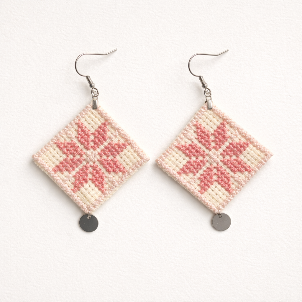 Pair of Damascus Rose Palestinian Tatreez embroidered earrings flat lay