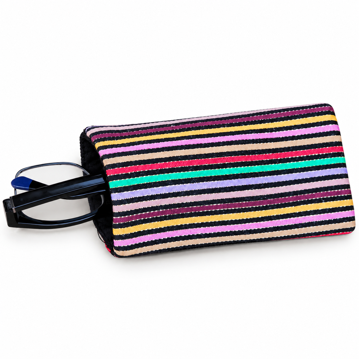 Perspective view of the handmade Nafnoof eyeglasses case, showing the Syrian saya cloth on the back with a pair of eyeglasses partially inserted into the case.