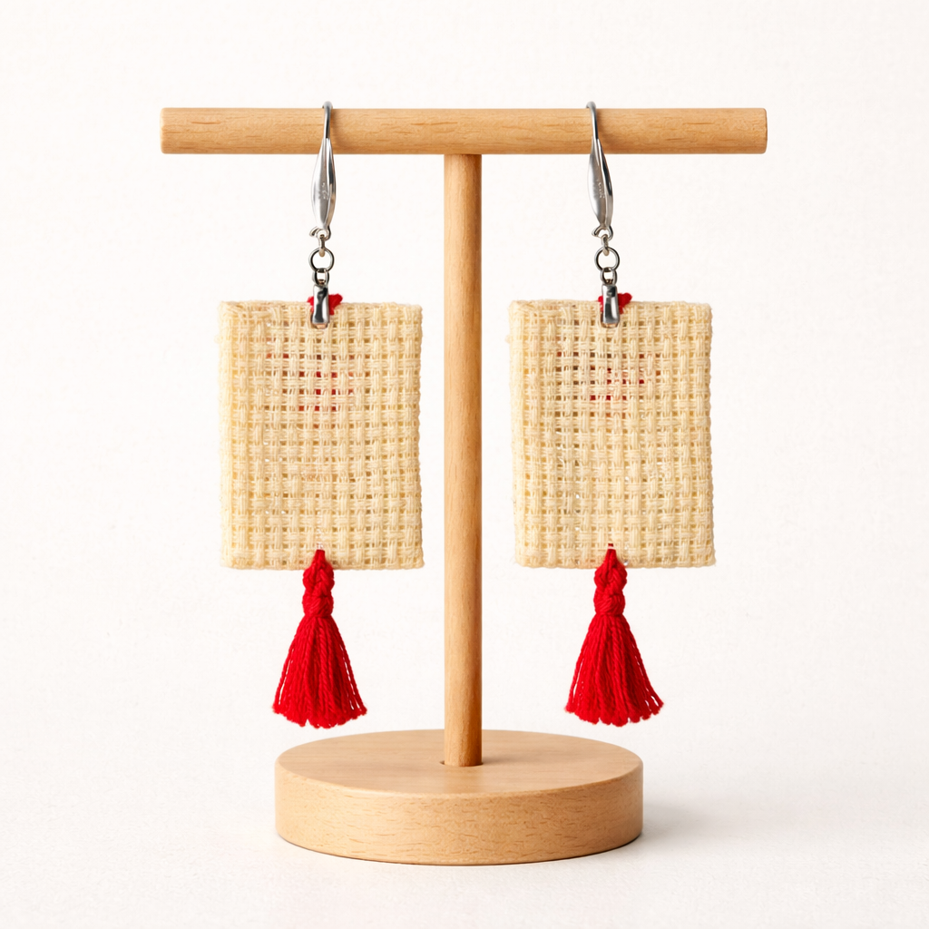 Back view of Palestinian flag Tatreez embroidered earrings with red thread tassel and metal bead on wooden stand