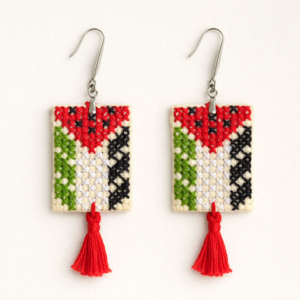 Palestinian flag Tatreez embroidered earrings with red thread tassel and metal bead flat lay