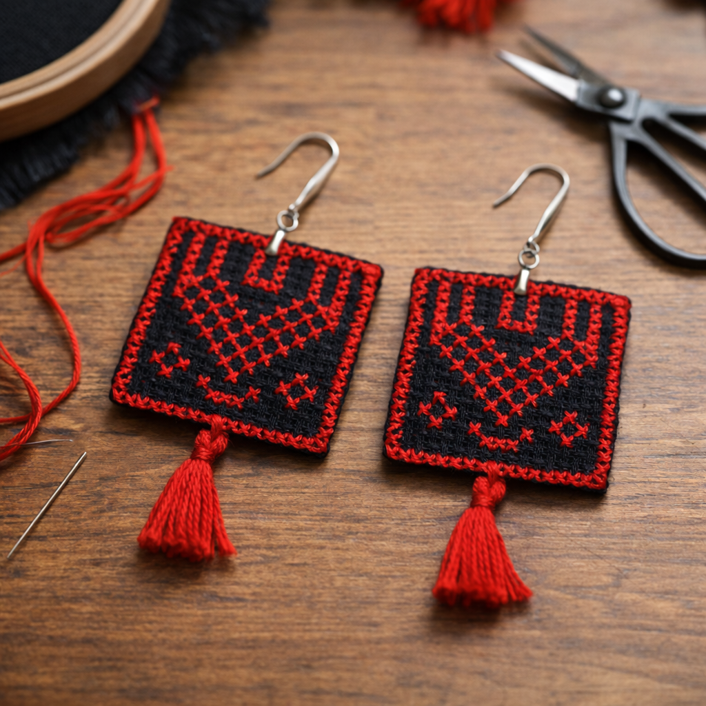 Handmade Palestinian tatreez earrings with red geometric thobe chest panel embroidery on black fabric and red tassels, photographed on a wooden embroidery workspace with needle, thread, and scissors.