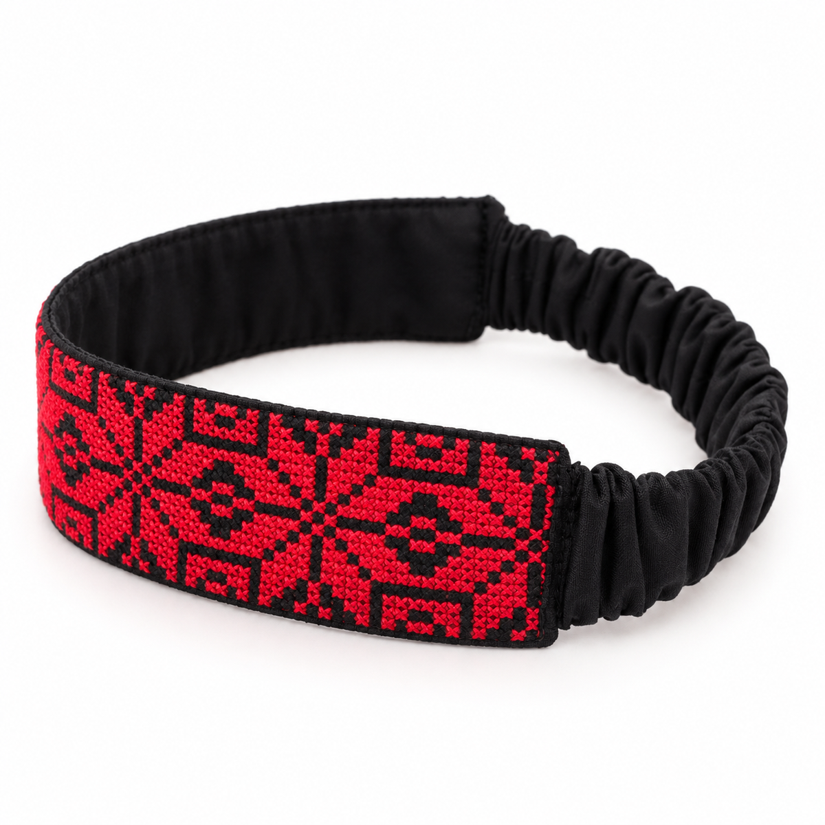 Palestinian Tatreez hair band featuring the Star of Bethlehem (Nijmat Beit Lahem) embroidery – side view