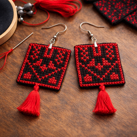 Handmade Palestinian Jaffa tatreez earrings with red geometric thobe chest panel embroidery on black fabric and red tassels, photographed on a wooden embroidery workspace with needle,  and threads.