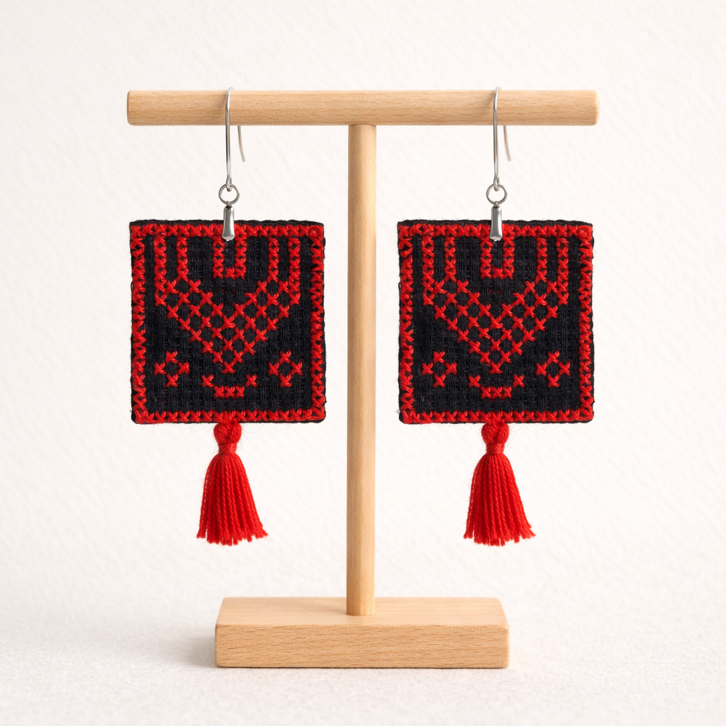 Front view of Ramallah thobe panel inspired Palestinian Tatreez embroidered earrings on wooden stand