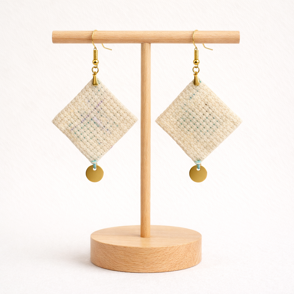 Back view of Reesh Palestinian Tatreez embroidered earrings on wooden stand