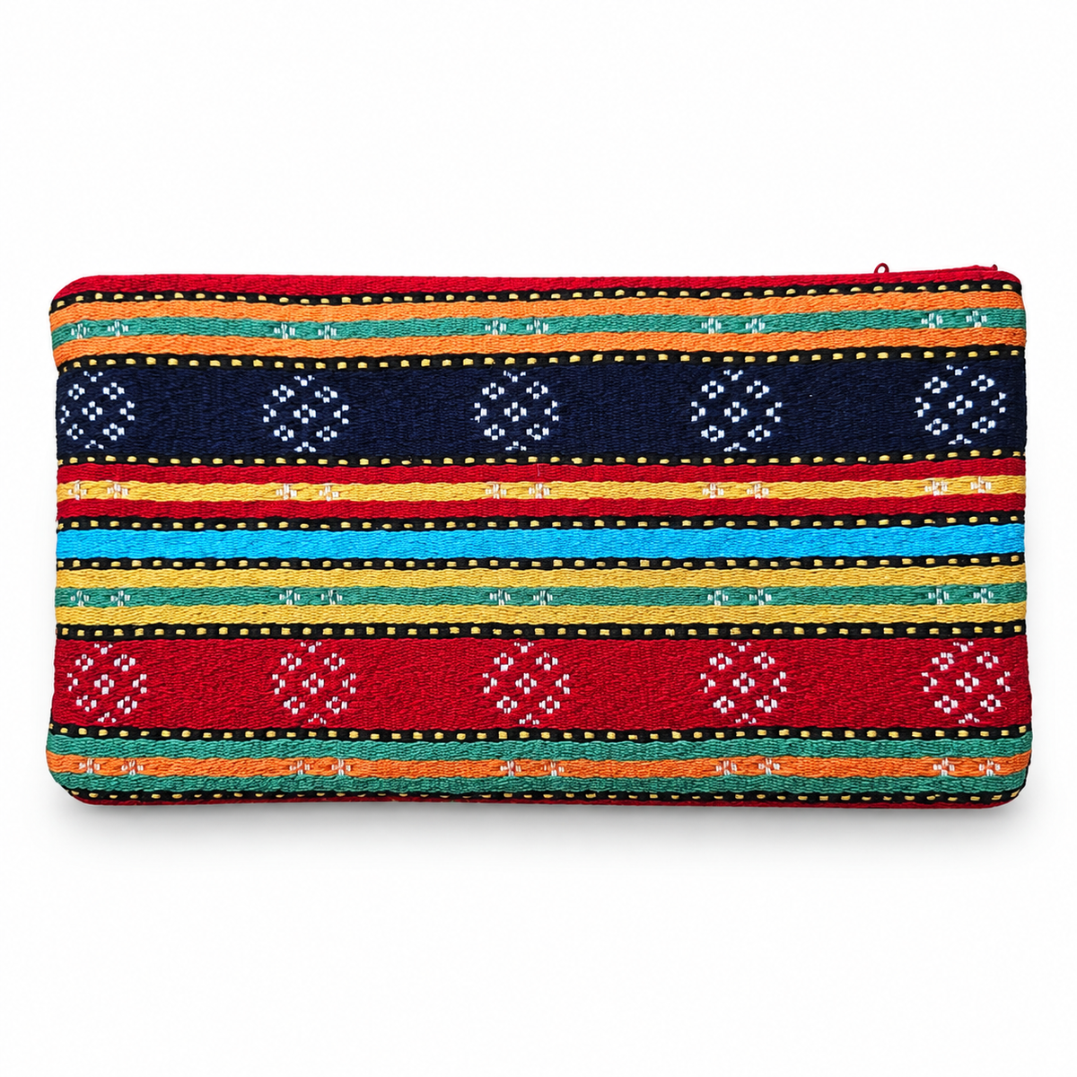 Top view of the handmade Sabla eyeglasses case, showing the back side covered in Syrian saya fabric with its distinctive woven pattern.