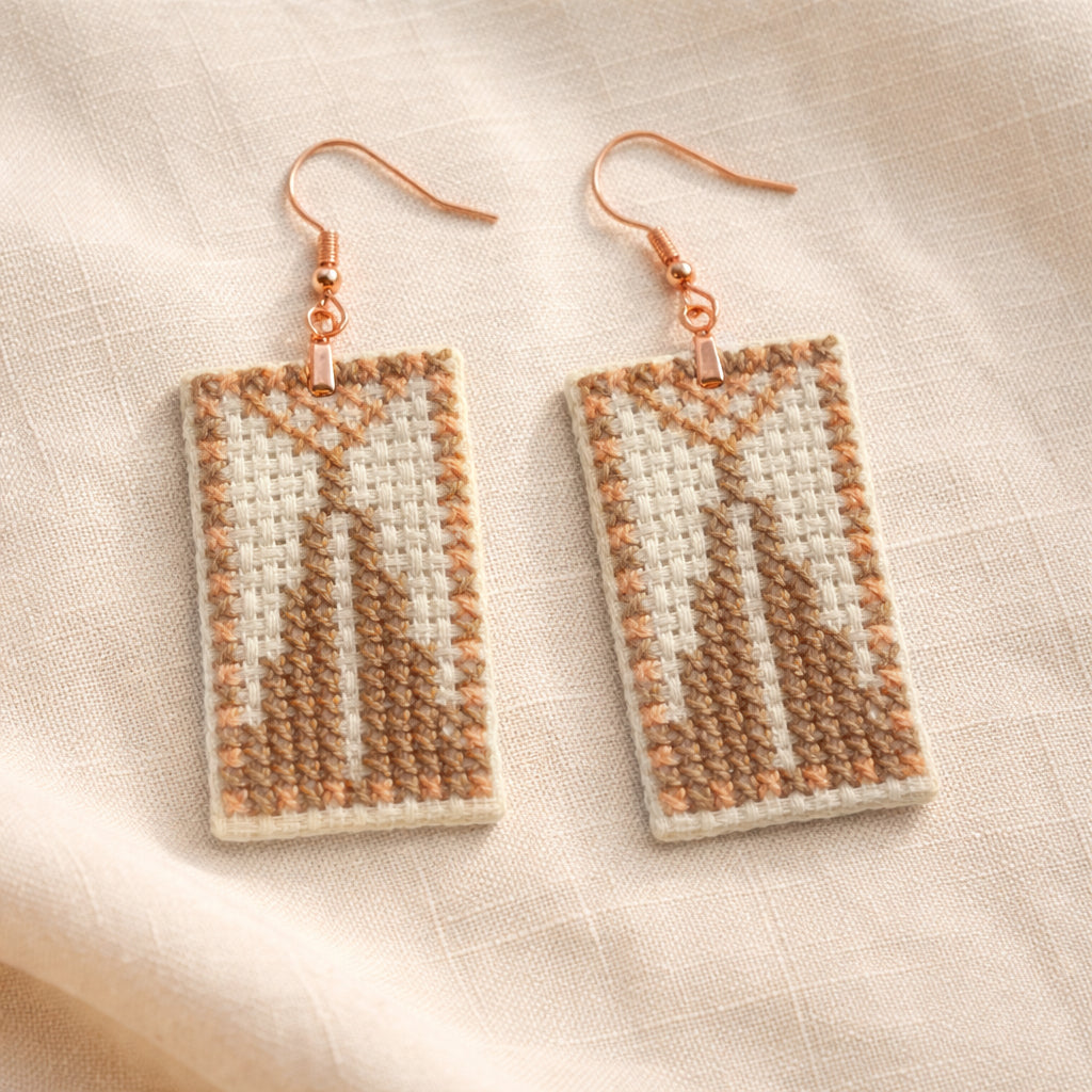 Close-up of Sarwa cypress tree tatreez embroidery detail on handmade Palestinian earrings