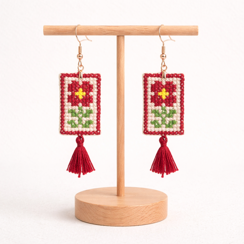Front view of Silsaal Palestinian Tatreez embroidered earrings on wooden stand