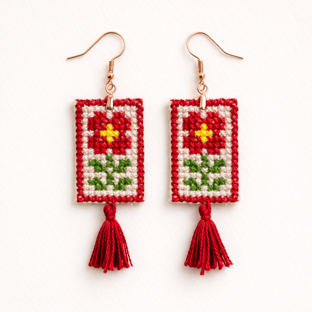 Pair of Silsaal Palestinian Tatreez embroidered earrings flat lay view
