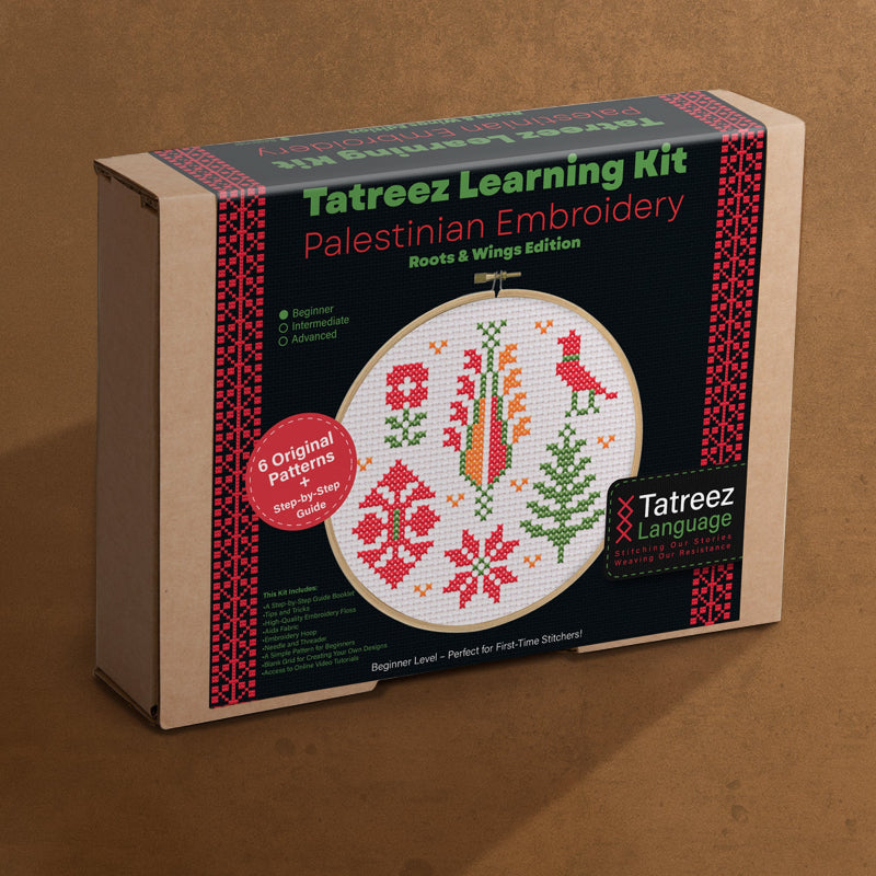 Tatreez Learning Kit box, showcasing Palestinian heritage and craftsmanship, perfect for beginners to start their embroidery journey.