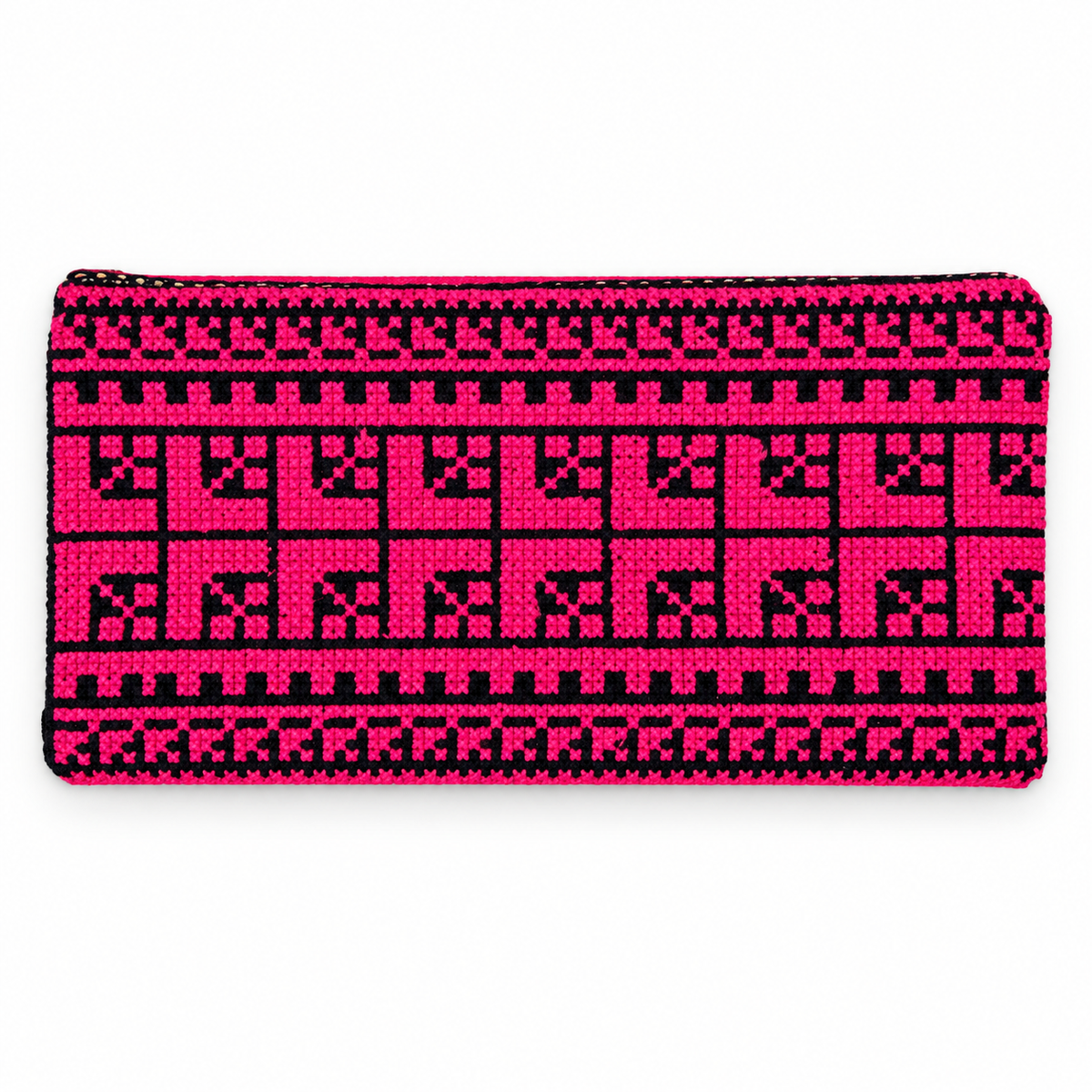 Top view of the handmade Nafnoof eyeglasses case, highlighting the detailed red and black Palestinian Tatreez embroidery and its geometric border design.
