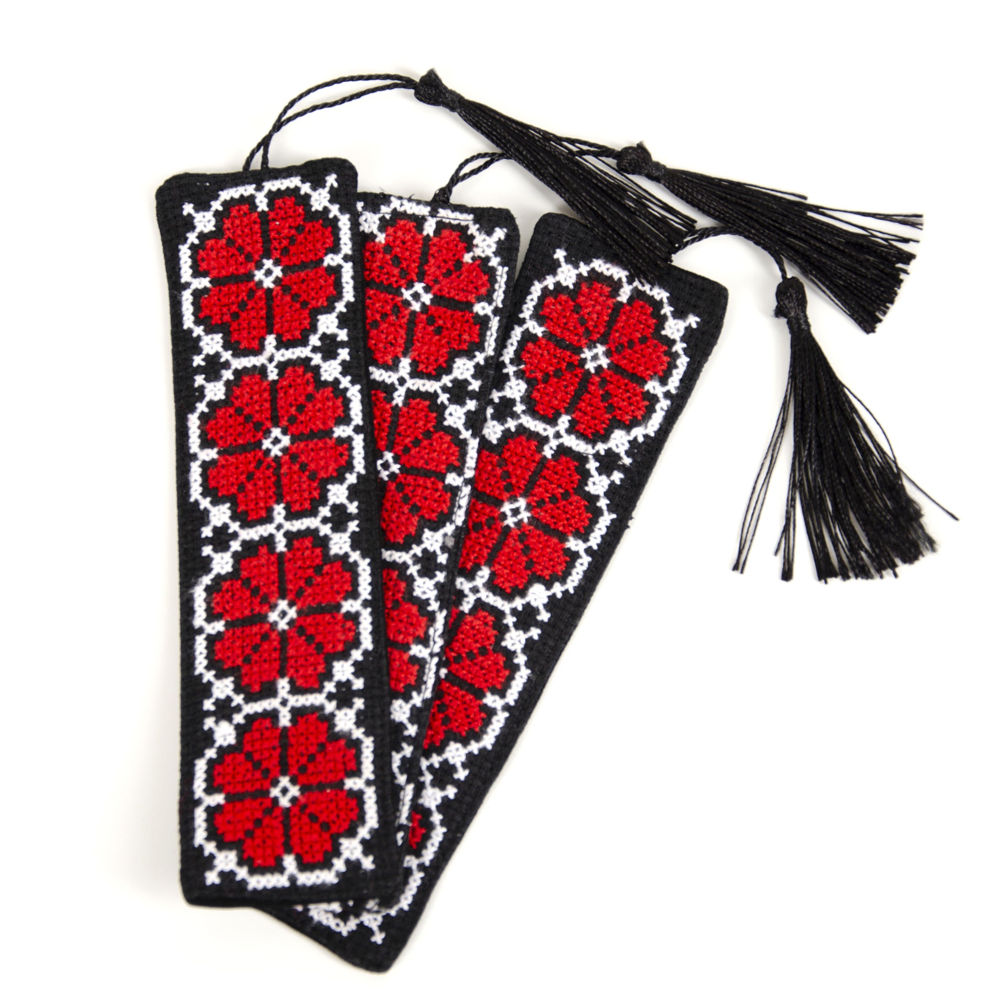 Handmade Palestinian tatreez embroidered bookmark with Damascus Roses pattern
