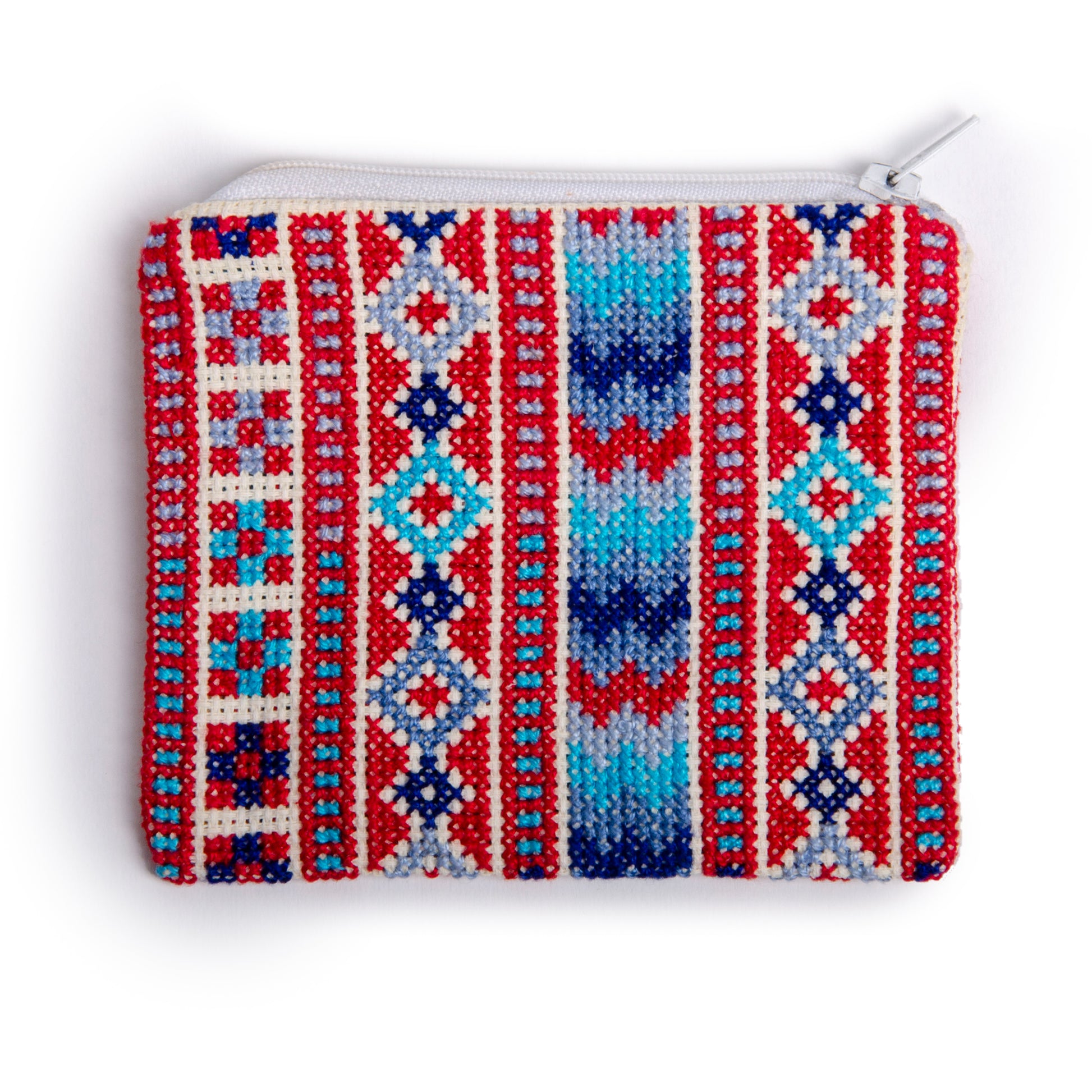 back view of handmade Palestinian embroidered purse with geometric Tatreez pattern, size 12x11 cm.