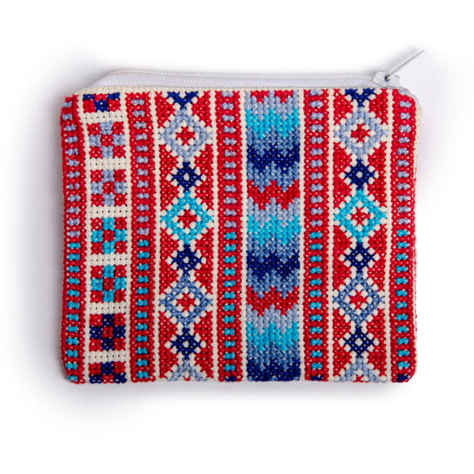 back view of handmade Palestinian embroidered purse with geometric Tatreez pattern, size 12x11 cm.