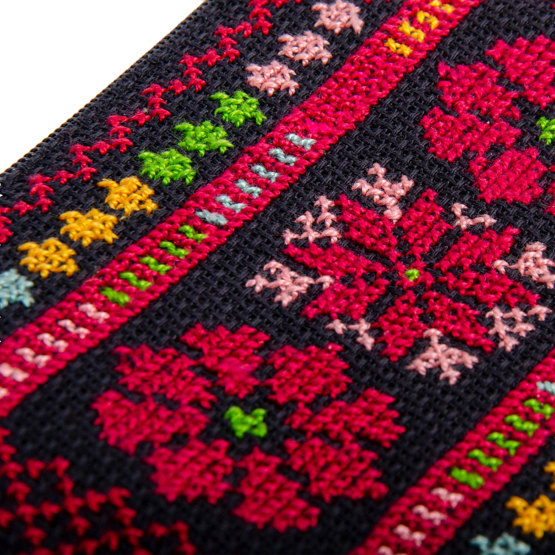 Close-up of handmade Palestinian embroidered purse with traditional Tatreez floral motif, size 15x10 cm.