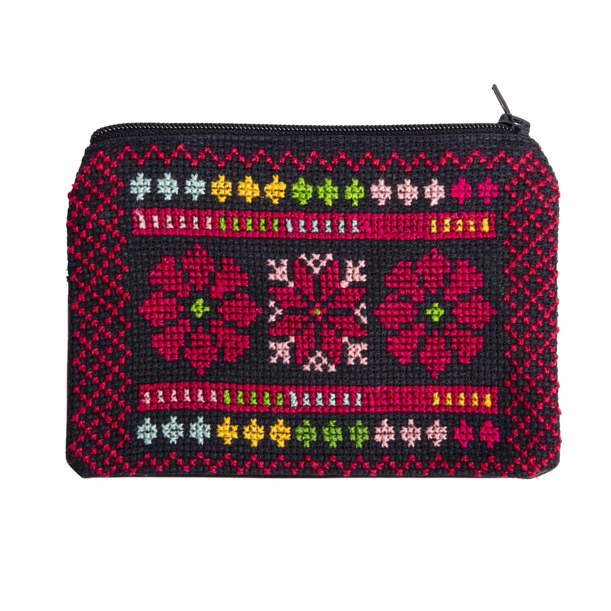 Front view of handmade Palestinian embroidered purse featuring floral Tatreez design, size 15x10 cm.