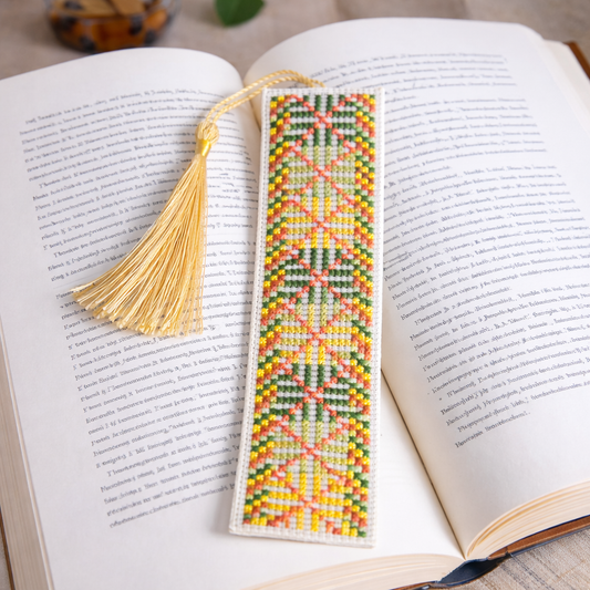 Handmade Palestinian tatreez bookmark with tassel resting in open book