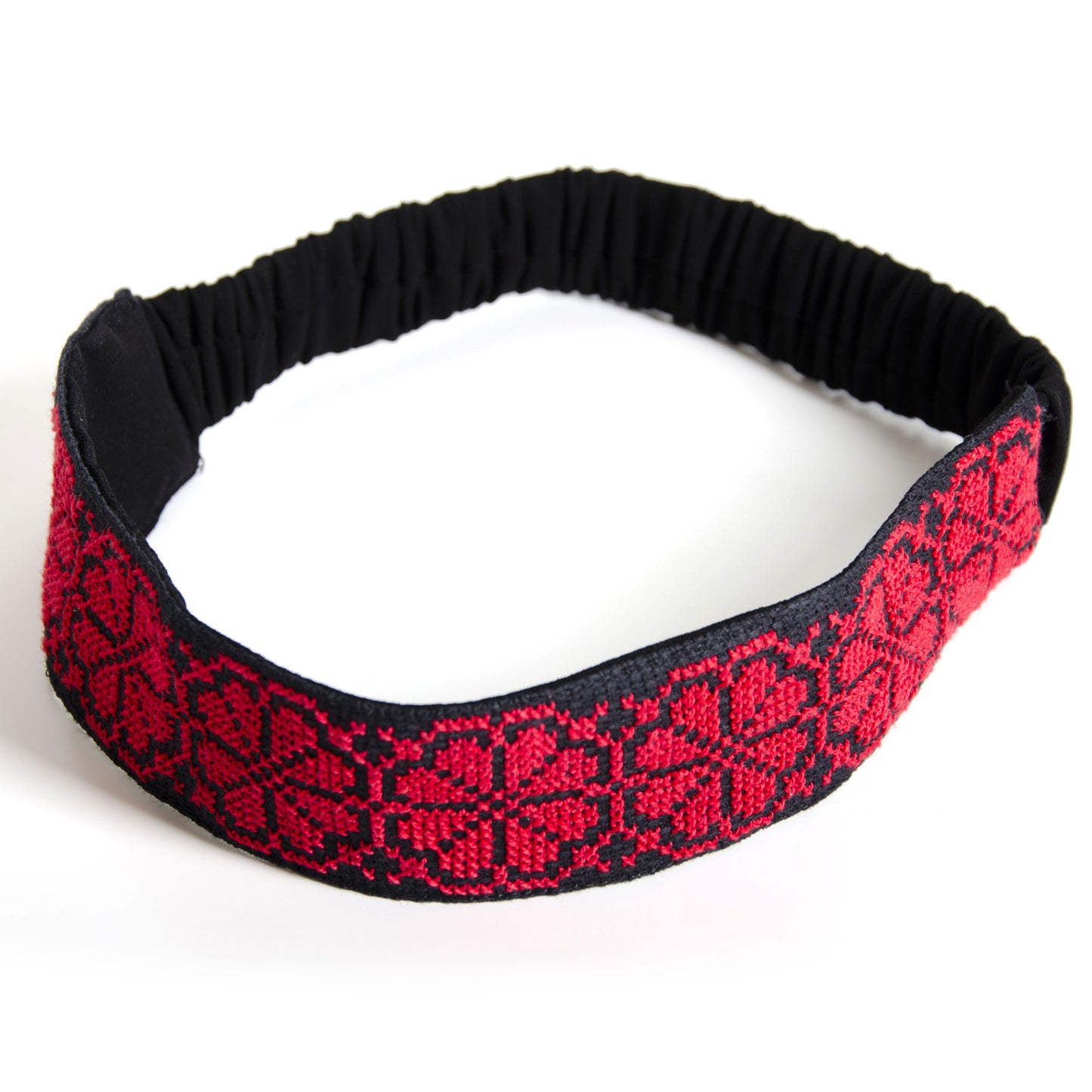 Handmade Palestinian tatreez hair band Damascus Rose angled view