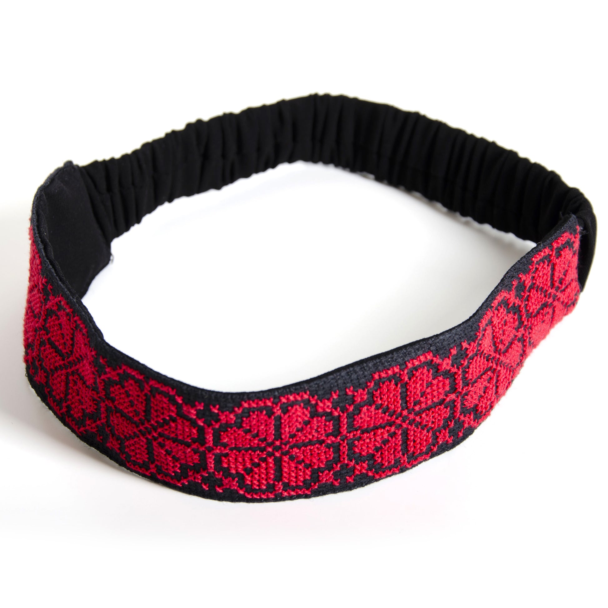 Handmade Palestinian tatreez hair band Damascus Rose angled view