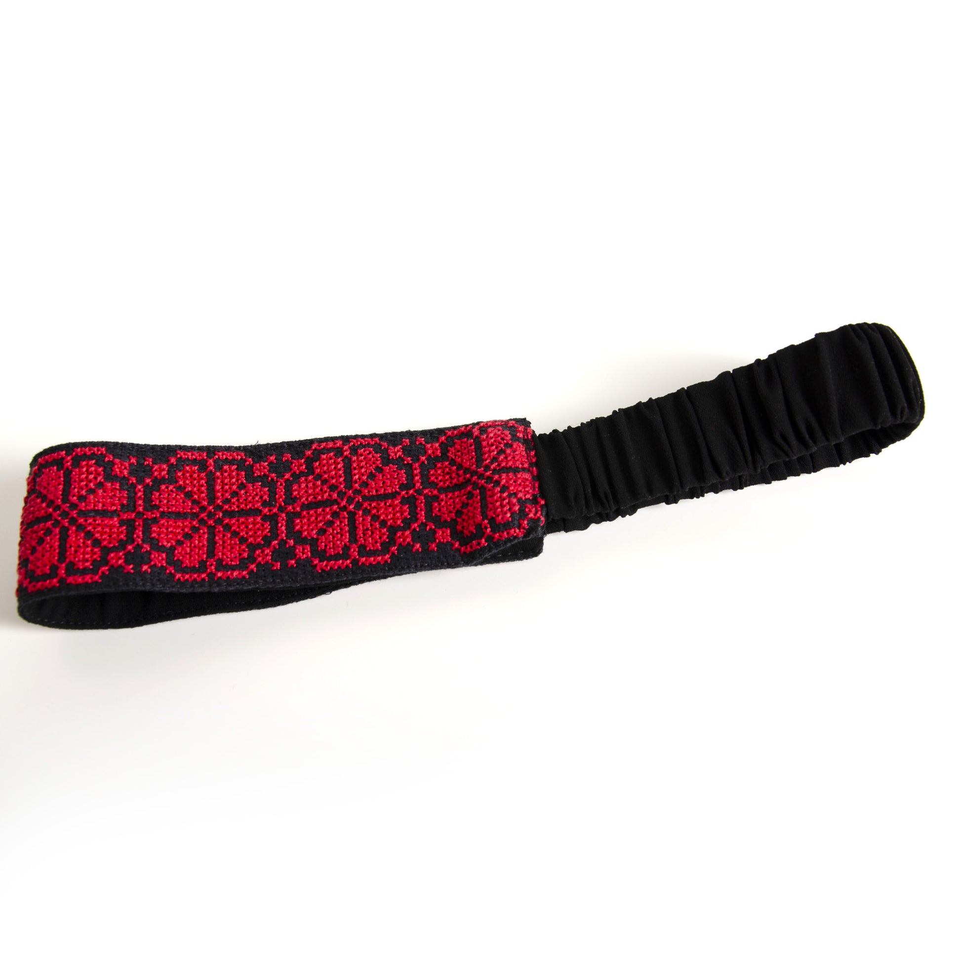 Palestinian tatreez hair band Damascus Rose side view handmade embroidery